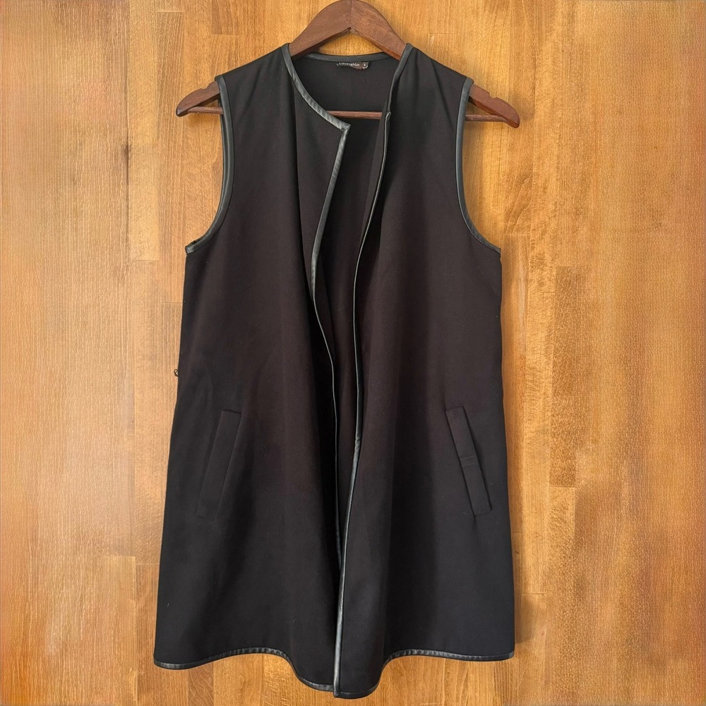 J.McLaughlin Black Longline Open Front Vest Faux Leather Trim Small